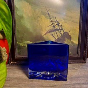 Art Glass Cobalt Blue Triangle Votive Holder by Gorgeous Designs 3 1/2 in